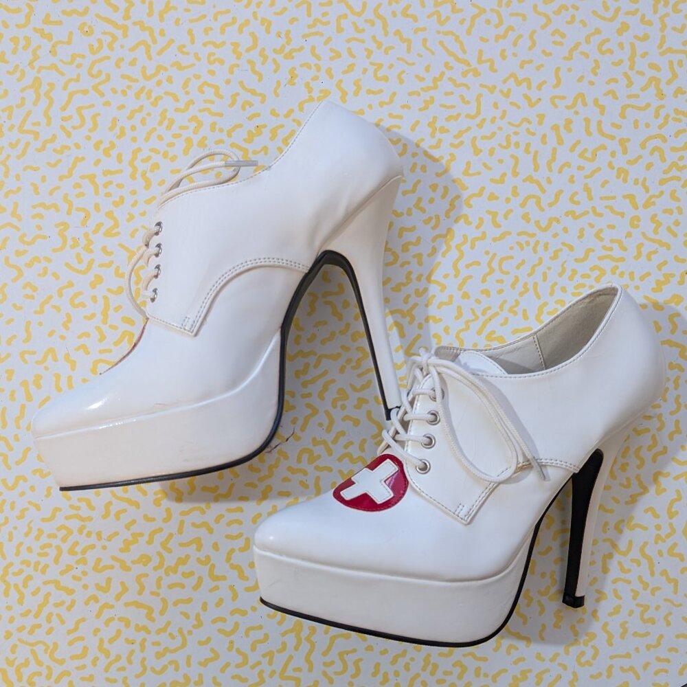 Pleaser Indulge White Patent Nurse Platform Booties 7 - Picture 3 of 10